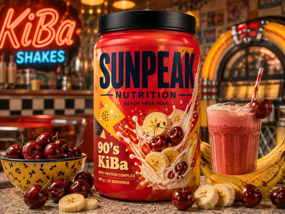 Sunpeak 90's KiBa Whey Protein Dose in einem Retro-Diner mit Neonschild