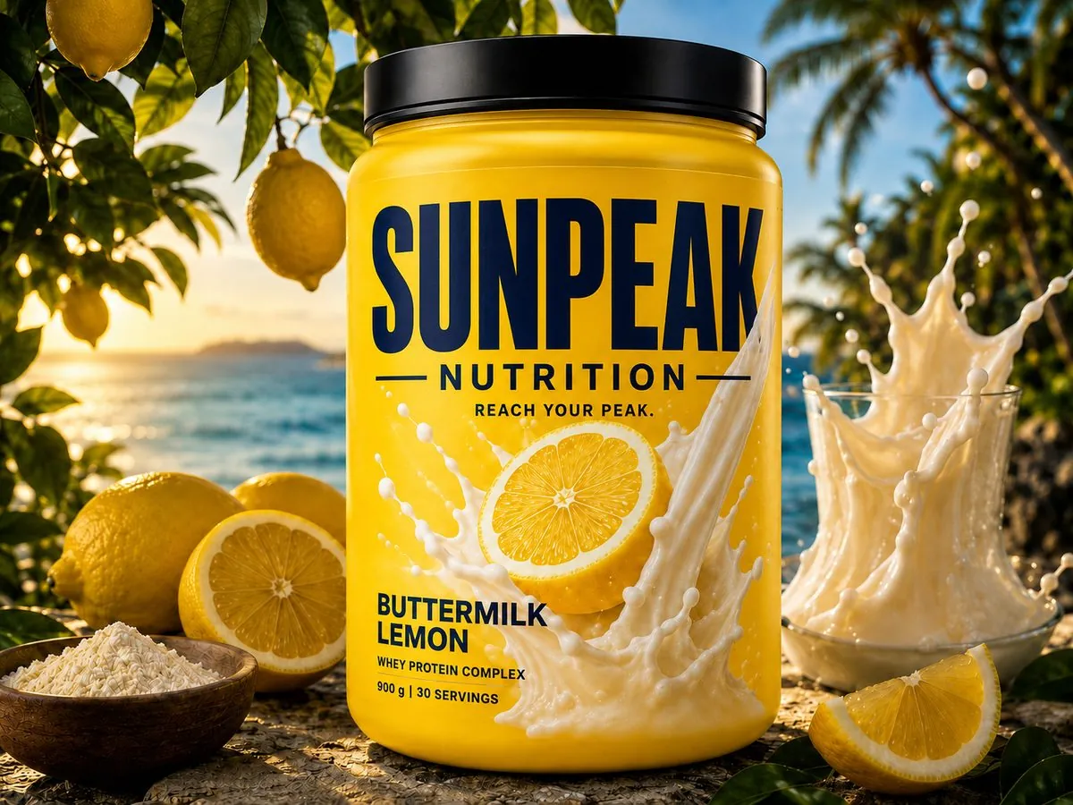 Sunpeak Buttermilk Lemon Whey Protein Dose zwischen Zitronenbäumen am Meer