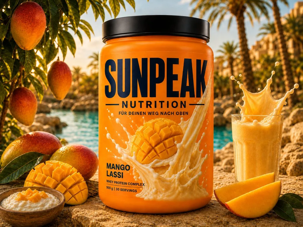 Sunpeak Mango Lassi Whey Protein Dose in einer Palmen-Oase