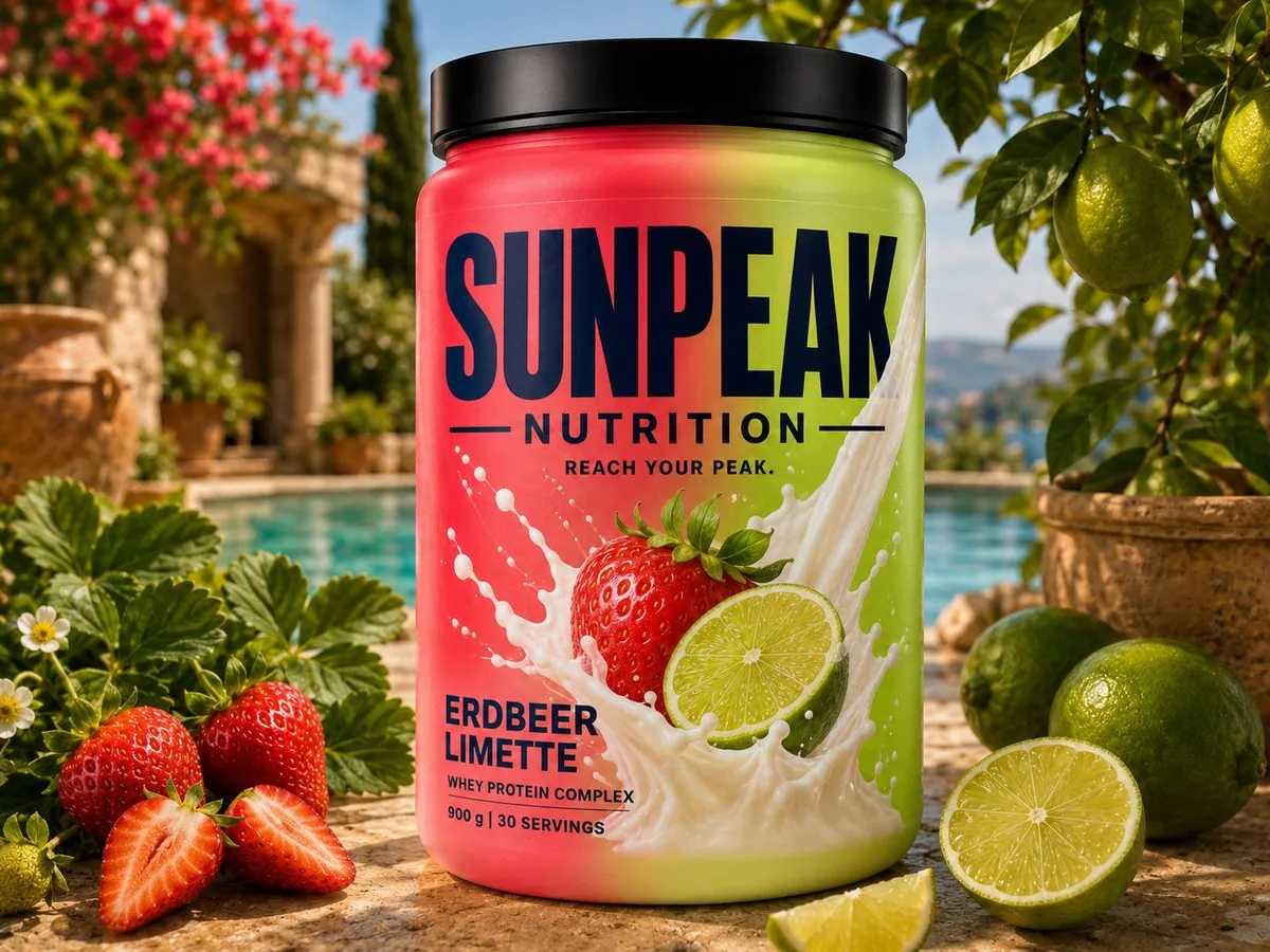 Sunpeak Nutrition Erdbeer Limette Whey Protein, Dose vor mediterraner Poolkulisse